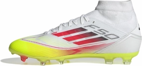 adidas Women's F50 League Mid Football Boots Fg/MG Women's Football Boots, Cloud White Lucid Red Solar Yellow, 13