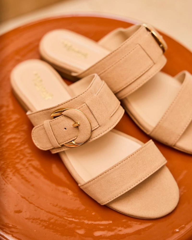 Baracci Vegan Suede Moon Buckle Sandals | Latte