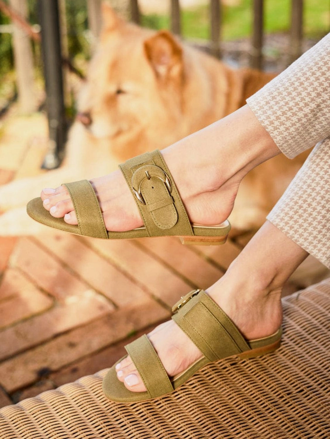 Baracci Vegan Suede Moon Buckle Sandals | Sage