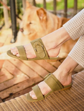 Baracci Vegan Suede Moon Buckle Sandals | Sage