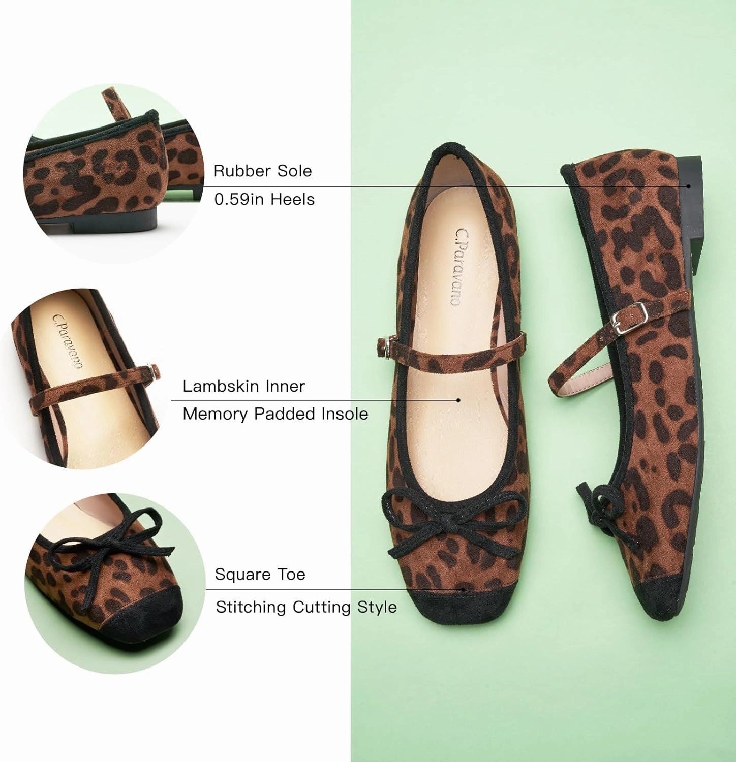 C.Paravano Mary Jane Shoes Ballet Flats for Women Square Toe Flats with Strap Bowknot Office Comfortable Casual Dressy Shoes
