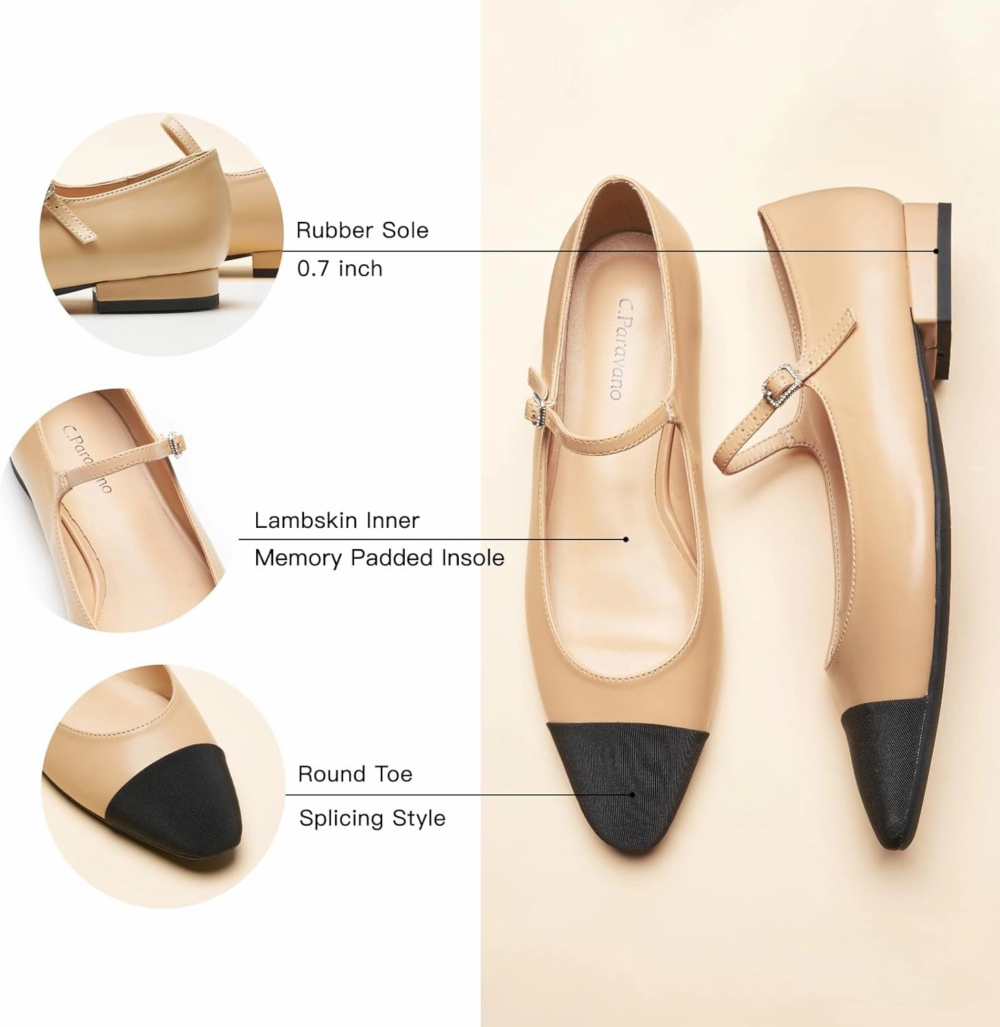 C. Paravano Women's Mary Jane Flats | Almond Toe Leather Ballet Flats with Adjustable Strap, Dressy and Casual Shoes for Office,Travel,Bridal, Church,Business Meetings & Daily Wear