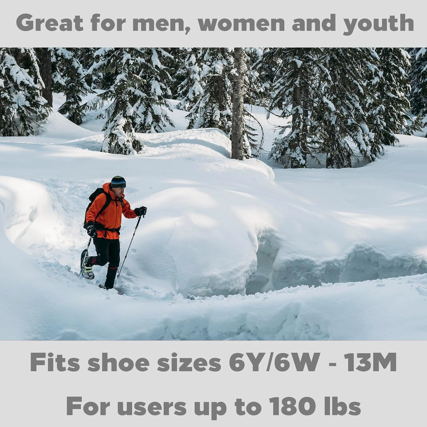Crescent Moon Eco Eva Unisex Adult Ultralight Biodegradable EVA Foam Snowshoe Bundle for Men, Women and Youth with Rocker Cloud Deck, Ice Spikes & Trekking Poles and Bag