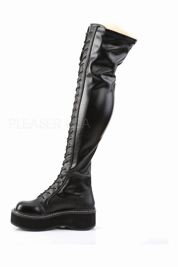 EMILY-375 Demonia Thigh Boot | Black Faux Leather