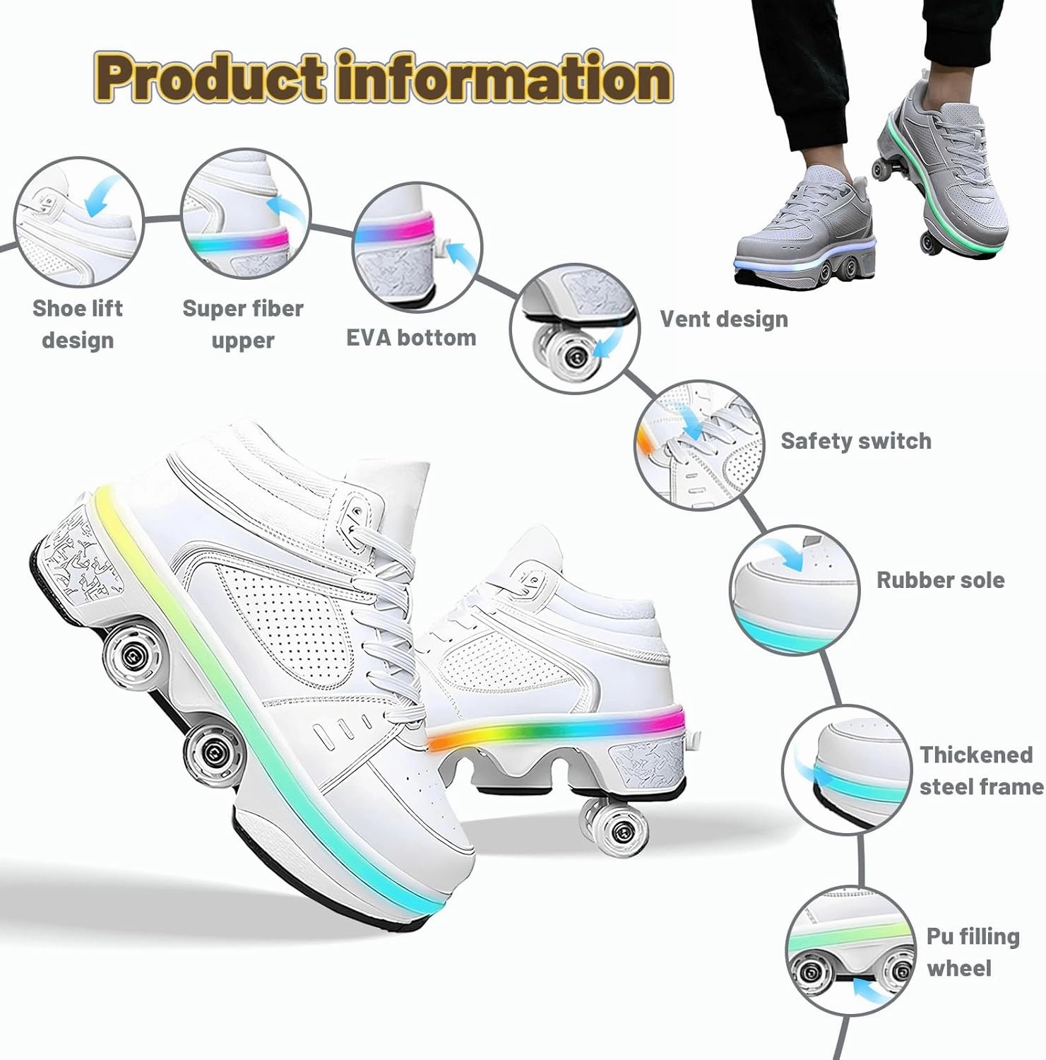 Four-Wheel Skate Shoes, Roller Skates and Sneakers are Unisex and Retractable for Outdoor Use, Suitable for Both Children and Adults