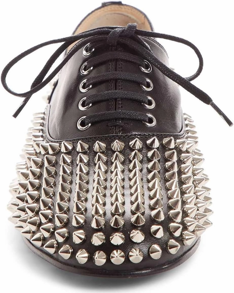 FSJ Women Spike Low Chunky Heel Oxford Shoes Studded Rivets Round Toe Comfortable Brogues Lace up Casual Unisex Dress Pump Shoes Size 4-16 US