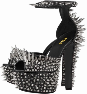 FSJ Women Spiked High Heel Sandals with Studded Ankle Strap Peep Toe Platform Chunky Rivets Heel Sexy Night Club Party Shoes Size 4-16 US