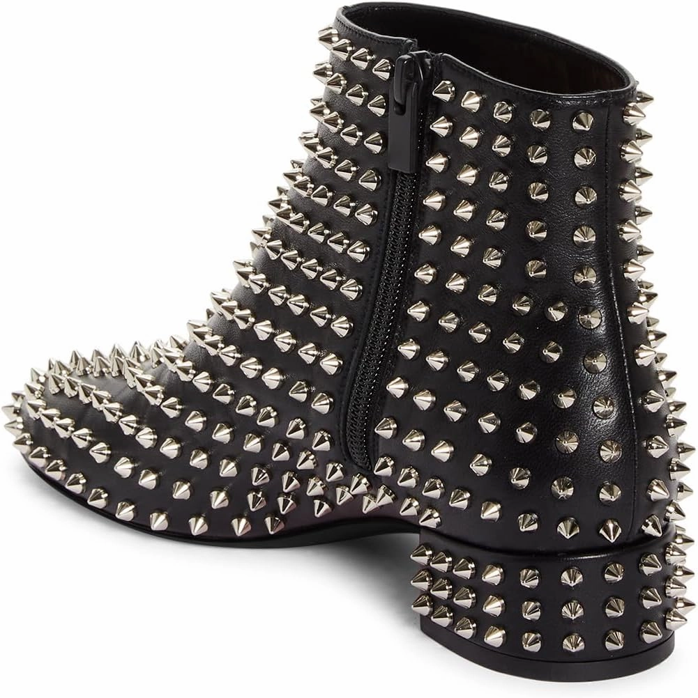 FSJ Women Spikes Ankle Boots Round Toe Block Low Heel Studded Side Zipper Rivets Bootie Fashion Party Outfits Dress Shoes Size 4-16 US