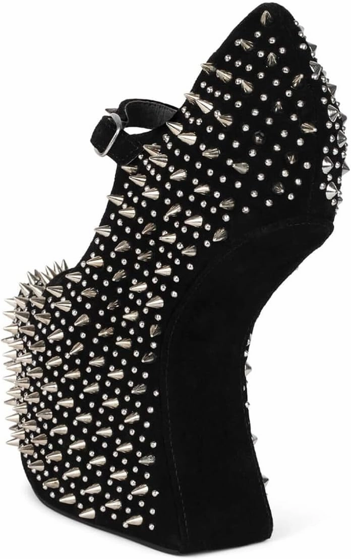 FSJ Women Spikes Wedge Heel Pumps Rivet Studded Covered Ultra High Platform Closed Round Toe Ankle Strap Shoes for Sexy Party Events Size 4-16 US
