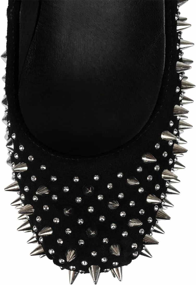 FSJ Women Spikes Wedge Heel Pumps Rivet Studded Covered Ultra High Platform Closed Round Toe Ankle Strap Shoes for Sexy Party Events Size 4-16 US