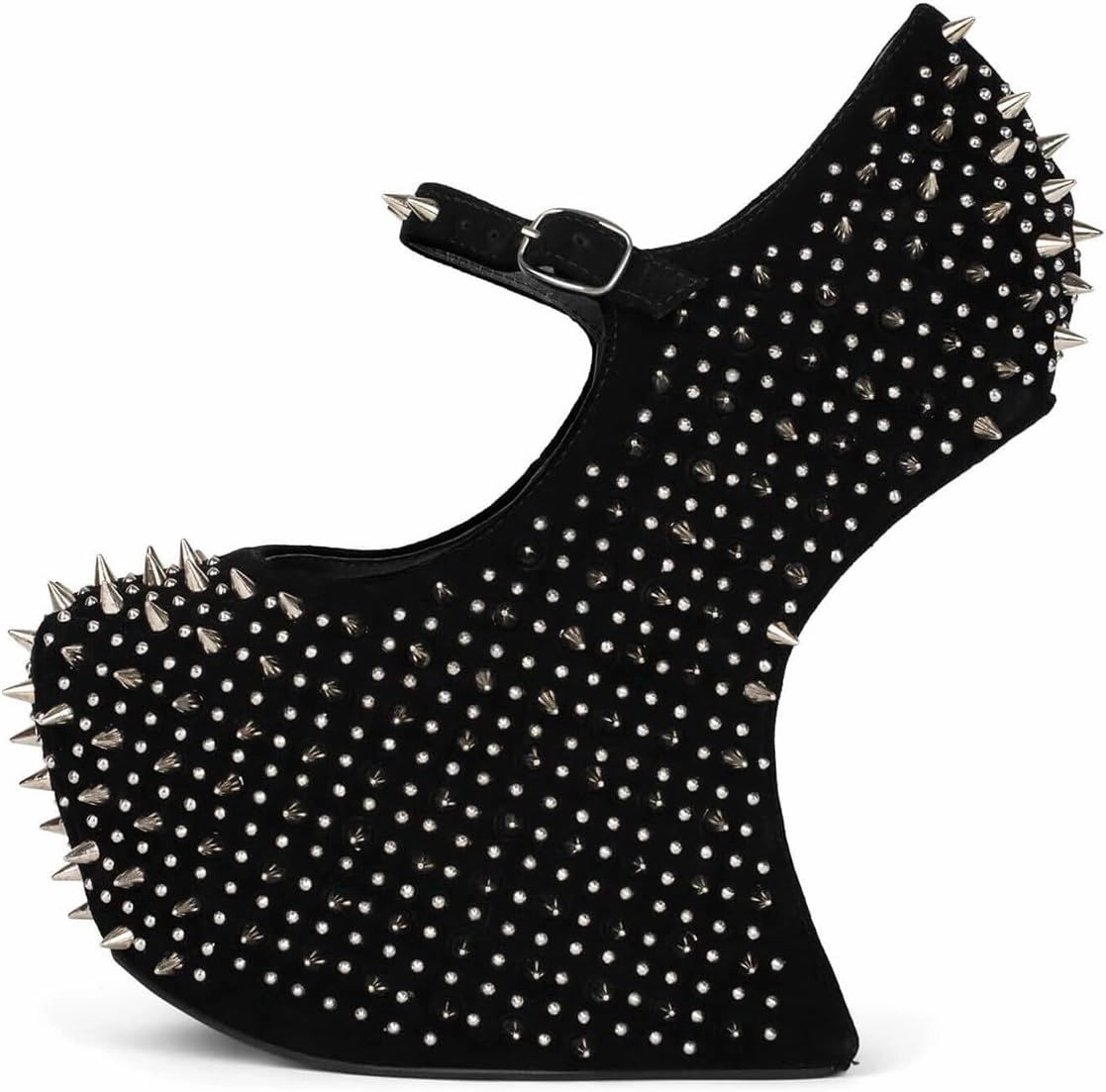 FSJ Women Spikes Wedge Heel Pumps Rivet Studded Covered Ultra High Platform Closed Round Toe Ankle Strap Shoes for Sexy Party Events Size 4-16 US