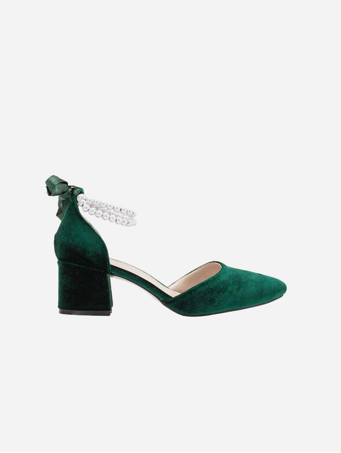 Miranda Vegan Suede Pearl Low Heels | Emerald Green