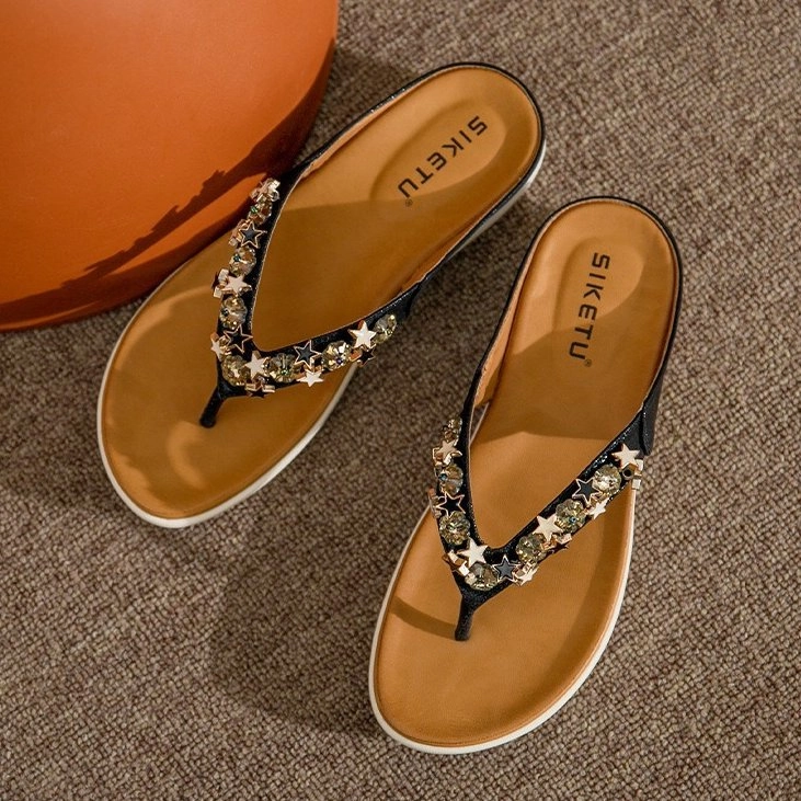 OCW Best Orthopedic Sandals For Women Rhinestone Flat Flip-flops Sparkling Summer