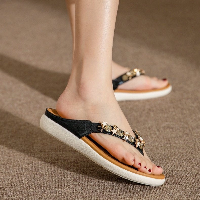 OCW Best Orthopedic Sandals For Women Rhinestone Flat Flip-flops Sparkling Summer