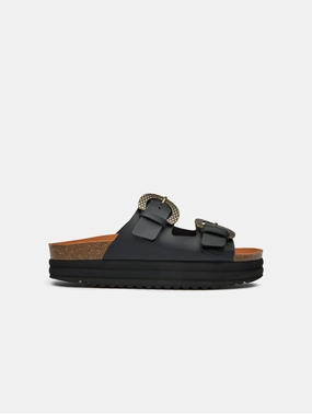 Plum Women's Vegan Footbed Reptile Sandals | Black