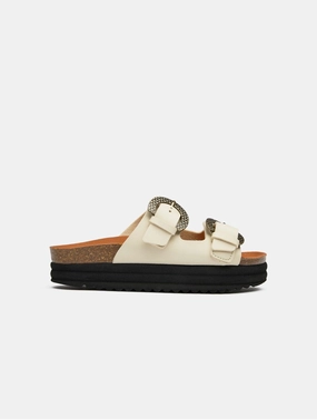Plum Women's Vegan Footbed Reptile Sandals | Cream