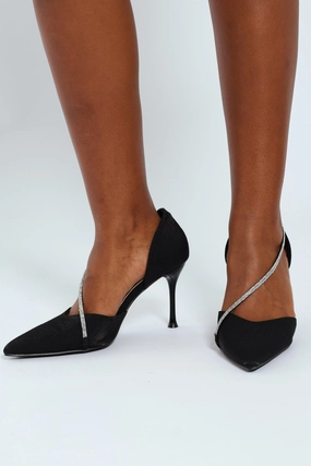 Pointy Open Waist Court Heel With Diamante Strap - Black