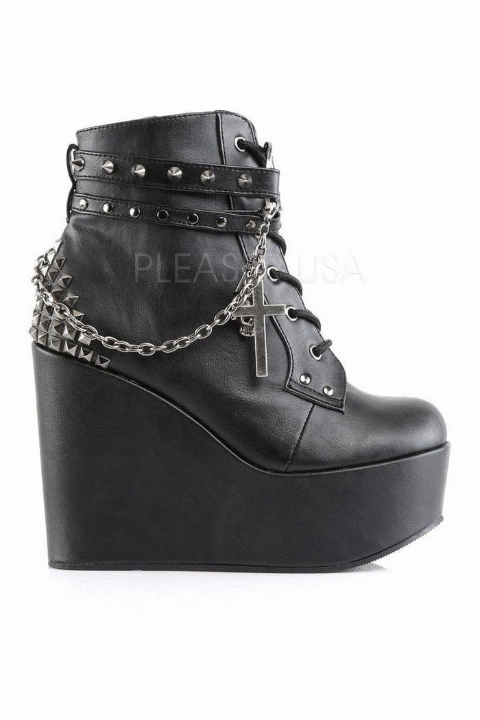 POISON-101 Demonia Wedge | Black Faux Leather