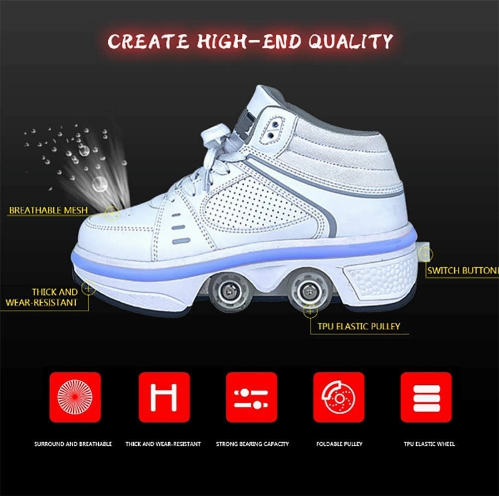Roller Skate Shoes for Adult and Children - Double Deform Wheel Automatic Walking Shoes - 2 in 1 Removable Pulley Skate Shoes for Men and Women