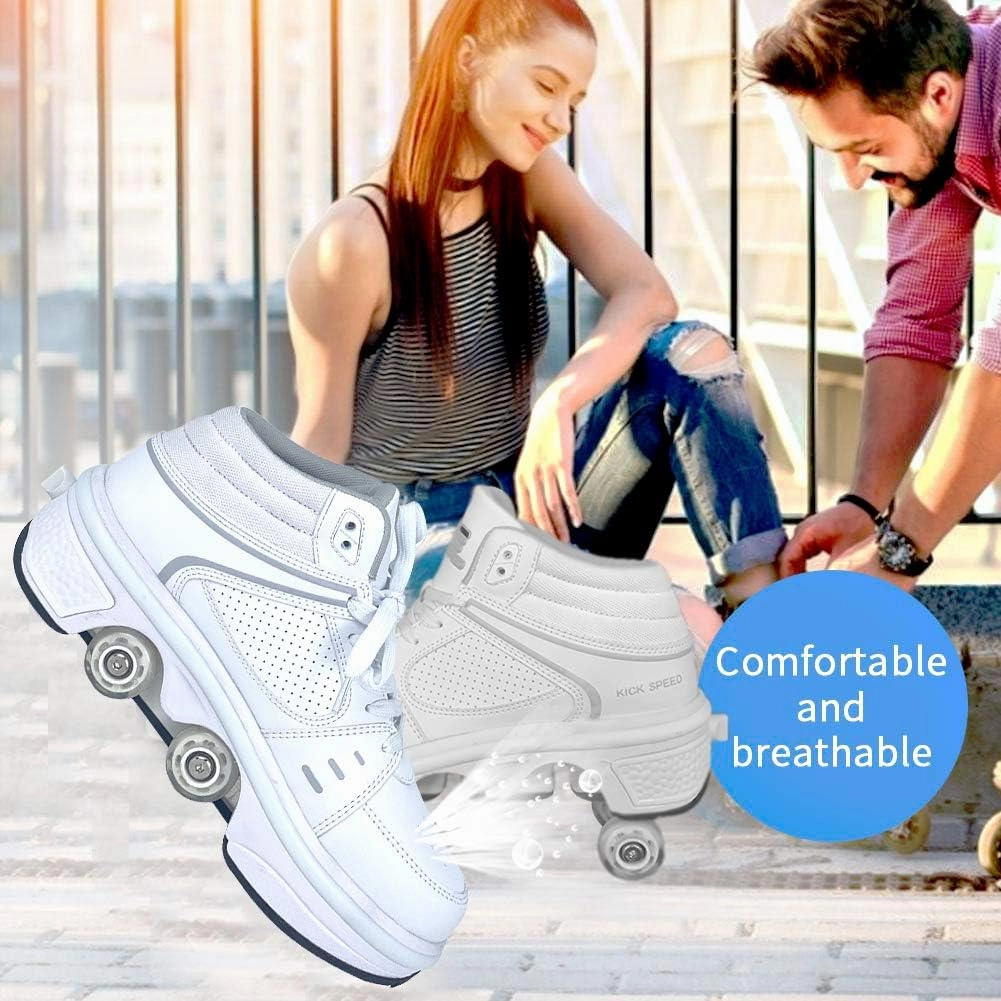 Roller Skate Shoes for Adult and Children - Double Deform Wheel Automatic Walking Shoes - 2 in 1 Removable Pulley Skate Shoes for Men and Women