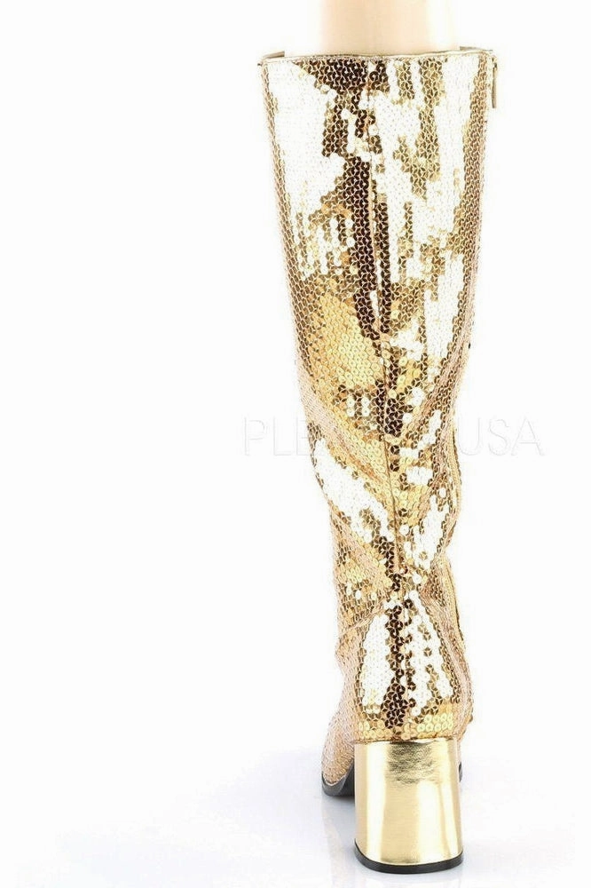 SPECTACUL-300SQ Knee Boot | Gold Sequins