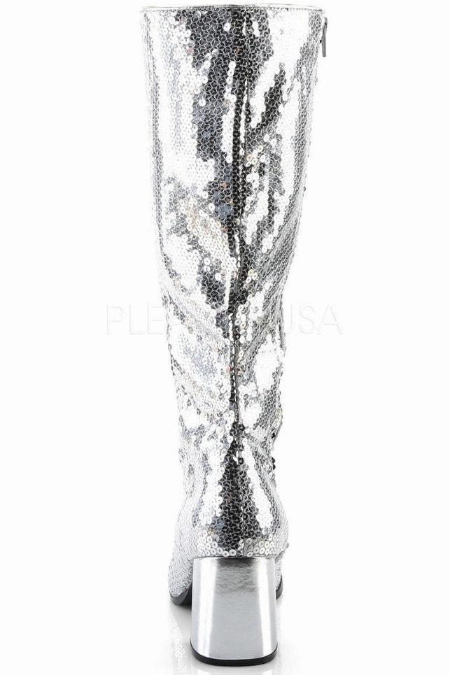 SPECTACUL-300SQ Knee Boot | Silver Sequins