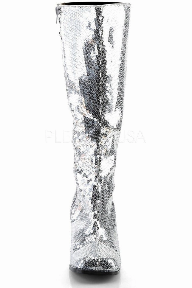 SPECTACUL-300SQ Knee Boot | Silver Sequins