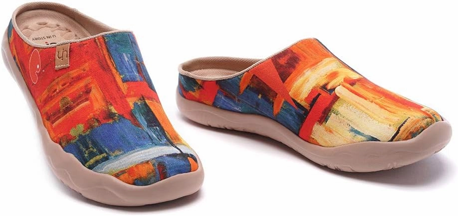 UIN Women's Slip On Mules Comfortable Flat Lightweight Wide Toe Clog Casual Art Painted Travel Shoes Malaga Series